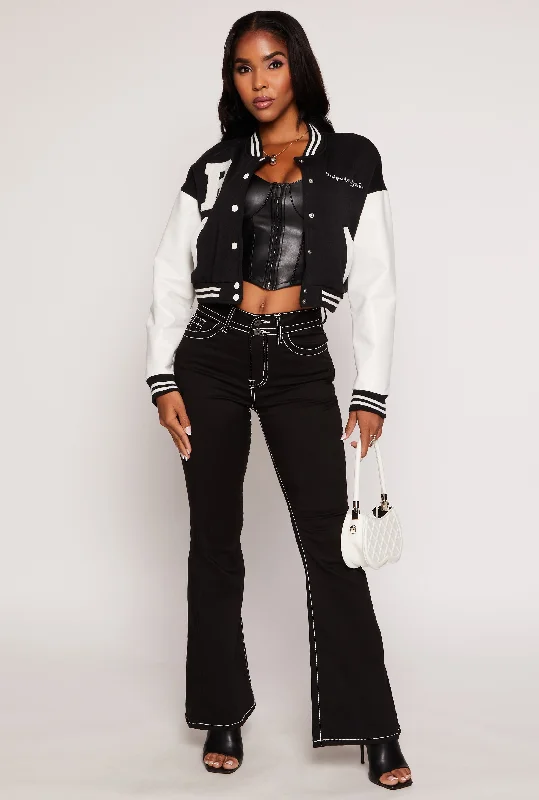 Women's Leather Jacket with Weather Protection-B Initial Chenille Patch Cropped Varsity Jacket Women's Leather Jacket with Weather Protection-B Initial Chenille Patch Cropped Varsity Jacket
