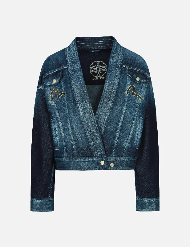 Women's Jackets with Motorcycle Style-Brocade-pattern Seagull and Kamon Appliqué Denim Kimono Jacket Women's Jackets with Motorcycle Style-Brocade-pattern Seagull and Kamon Appliqué Denim Kimono Jacket