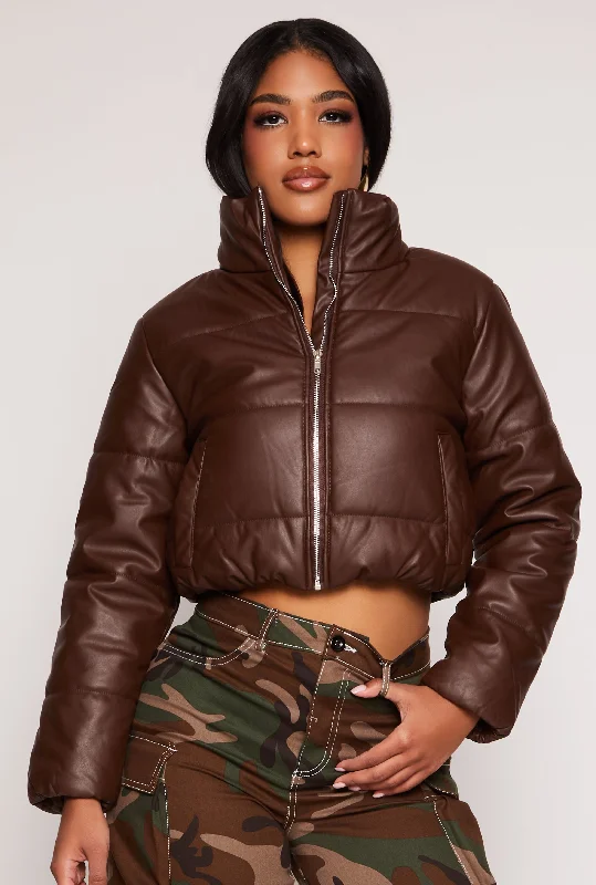 Women's Leather Jacket for Distinct Look-Faux Leather Funnel Neck Puffer Jacket