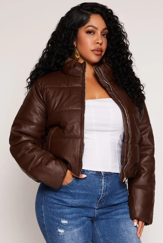 Women's Leather Jacket with Quilted Finish-Plus Size Faux Leather Zip Front Long Sleeve Puffer Jacket Women's Leather Jacket with Quilted Finish-Plus Size Faux Leather Zip Front Long Sleeve Puffer Jacket