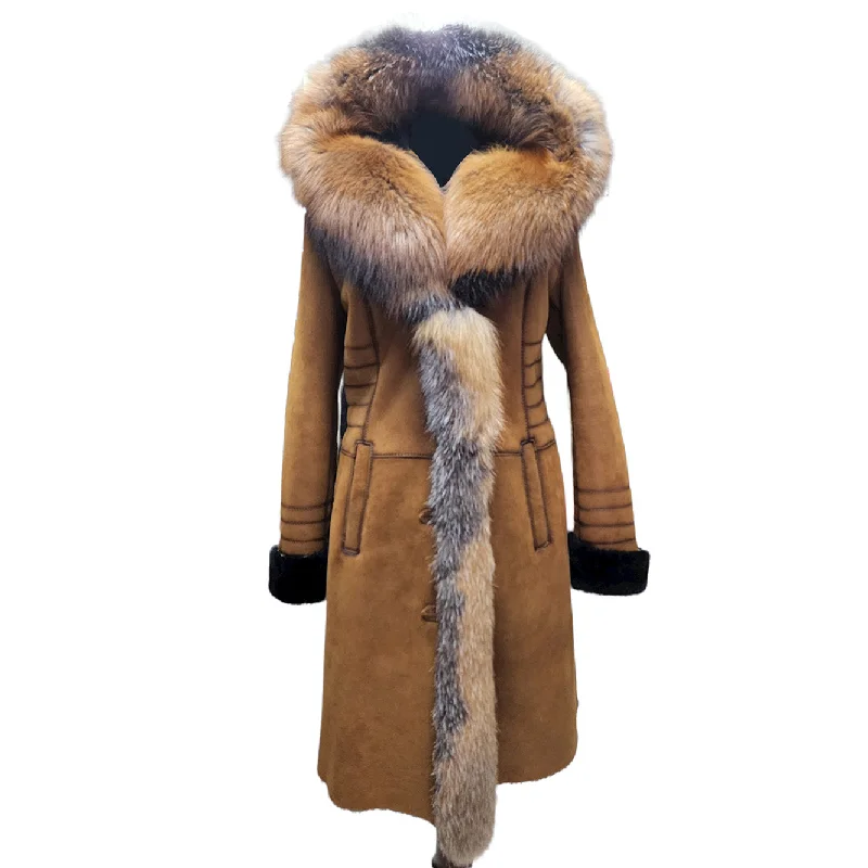 Women's Leather Jacket for Relaxed Style-Chantal's Tan Shearling coat with large fox fur hoodie and trim Women's Leather Jacket for Relaxed Style-Chantal's Tan Shearling coat with large fox fur hoodie and trim
