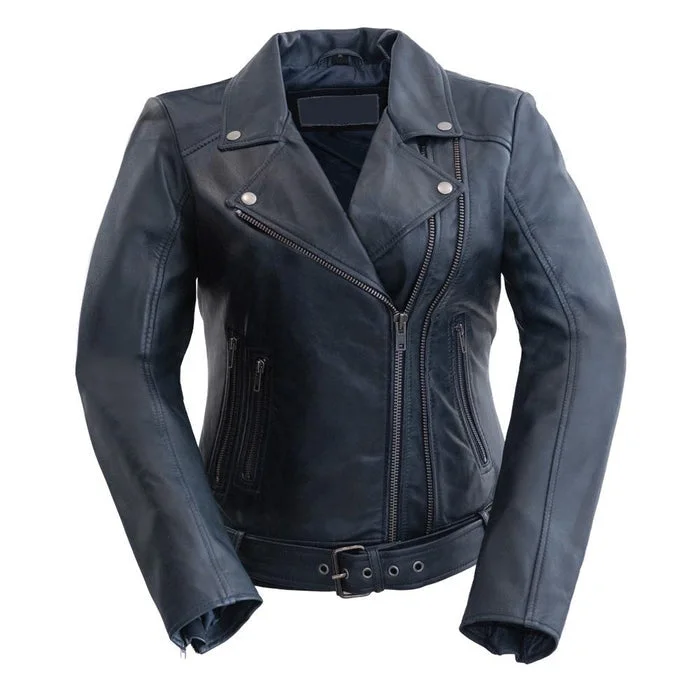 Women's Leather Jacket with Edgy Patches-Chloe - Women's Fashion Lambskin Leather Jacket (Navy Blue) Women's Leather Jacket with Edgy Patches-Chloe - Women's Fashion Lambskin Leather Jacket (Navy Blue)