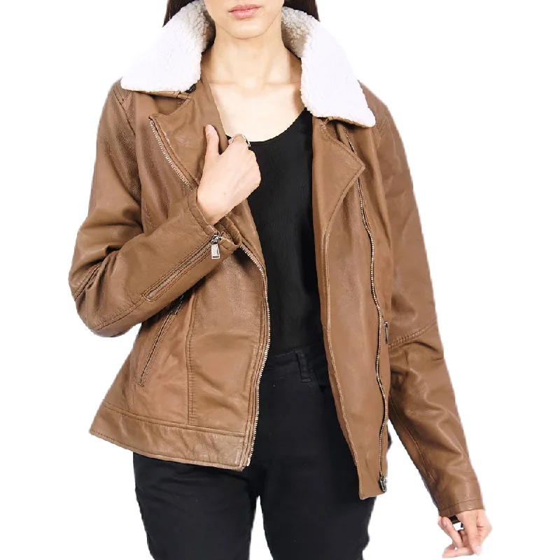 Women's Leather Jacket with Double-Zipper Design-Christena Fleece Lined Zip Up Brown Leather Jacket Women's Leather Jacket with Double-Zipper Design-Christena Fleece Lined Zip Up Brown Leather Jacket
