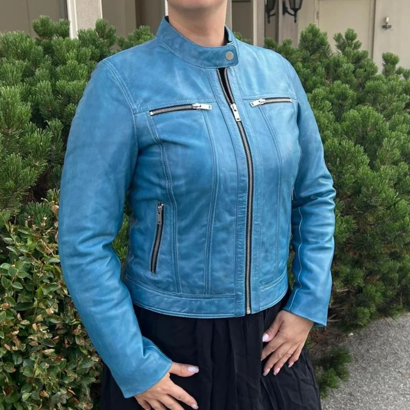 Women's Leather Jacket for Distinct Look-Classic Women's Lamb Leather Jacket with Snap Collar Women's Leather Jacket for Distinct Look-Classic Women's Lamb Leather Jacket with Snap Collar