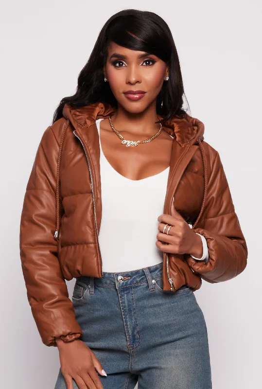 Women's Leather Jacket for Stylish Protection-Faux Leather Zip Front Hooded Puffer Jacket Women's Leather Jacket for Stylish Protection-Faux Leather Zip Front Hooded Puffer Jacket