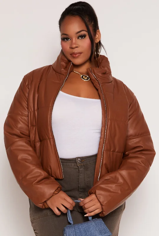 Women's Leather Jacket with High-End Finish-Plus Size Faux Leather Zip Front Long Sleeve Puffer Jacket Women's Leather Jacket with High-End Finish-Plus Size Faux Leather Zip Front Long Sleeve Puffer Jacket