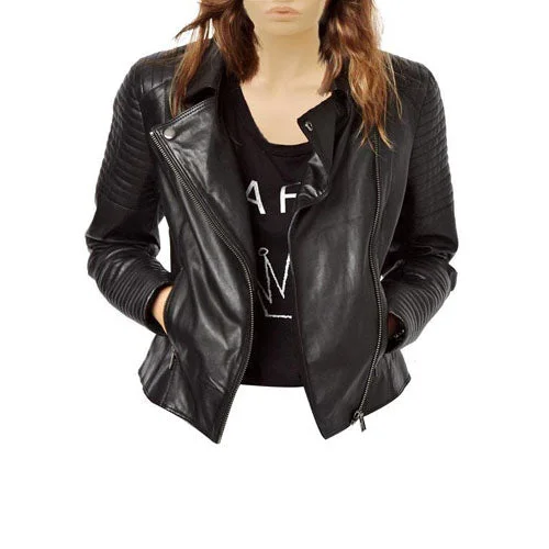Women's Leather Jacket with Luxe Texture-Women’s Black Biker Style Leather Jacket With Ribbed Panels Women's Leather Jacket with Luxe Texture-Women’s Black Biker Style Leather Jacket With Ribbed Panels