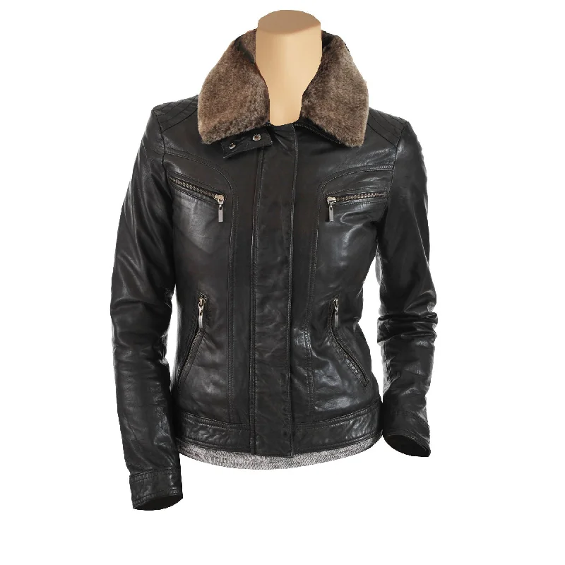 Women's Leather Jacket with Luxurious Finish-Womens Black Leather Jacket With Brown Fur Collar Women's Leather Jacket with Luxurious Finish-Womens Black Leather Jacket With Brown Fur Collar