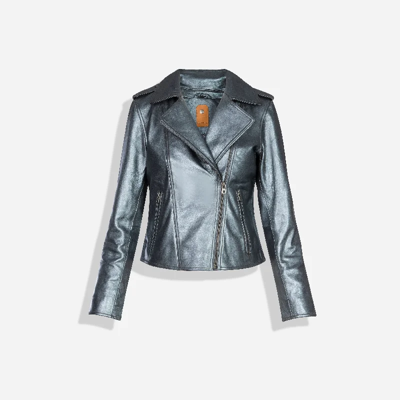 Women's Leather Jacket with Subtle Detail-Tracey Biker Jacket, Metallic Gun Metal Silver Women's Leather Jacket with Subtle Detail-Tracey Biker Jacket, Metallic Gun Metal Silver