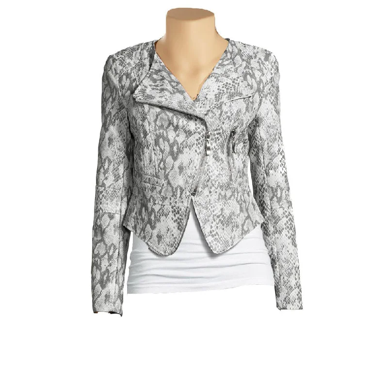 Women's Leather Jacket with Adjustable Features-Women's grey snake print leather jacket Women's Leather Jacket with Adjustable Features-Women's grey snake print leather jacket