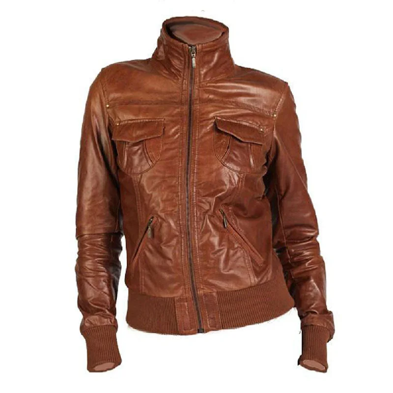 Women's Leather Jacket with Casual Vibes-Women's zip up waxed cognac leather jacket with ribbed cuffs and hem Women's Leather Jacket with Casual Vibes-Women's zip up waxed cognac leather jacket with ribbed cuffs and hem