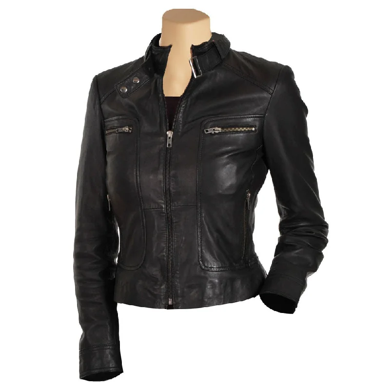 Women's Leather Jacket for Outdoor Looks-Womens Black Leather Jacket With Collar Belt Women's Leather Jacket for Outdoor Looks-Womens Black Leather Jacket With Collar Belt
