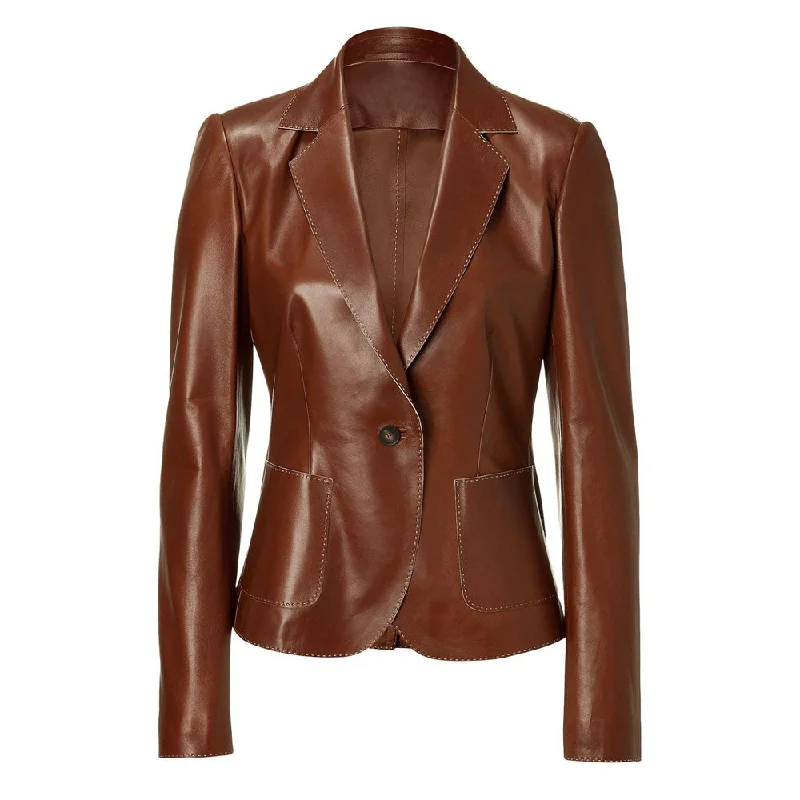 Women's Leather Jacket with Double Breast Design-Women’s Dark Cognac Leather Blazer Women's Leather Jacket with Double Breast Design-Women’s Dark Cognac Leather Blazer
