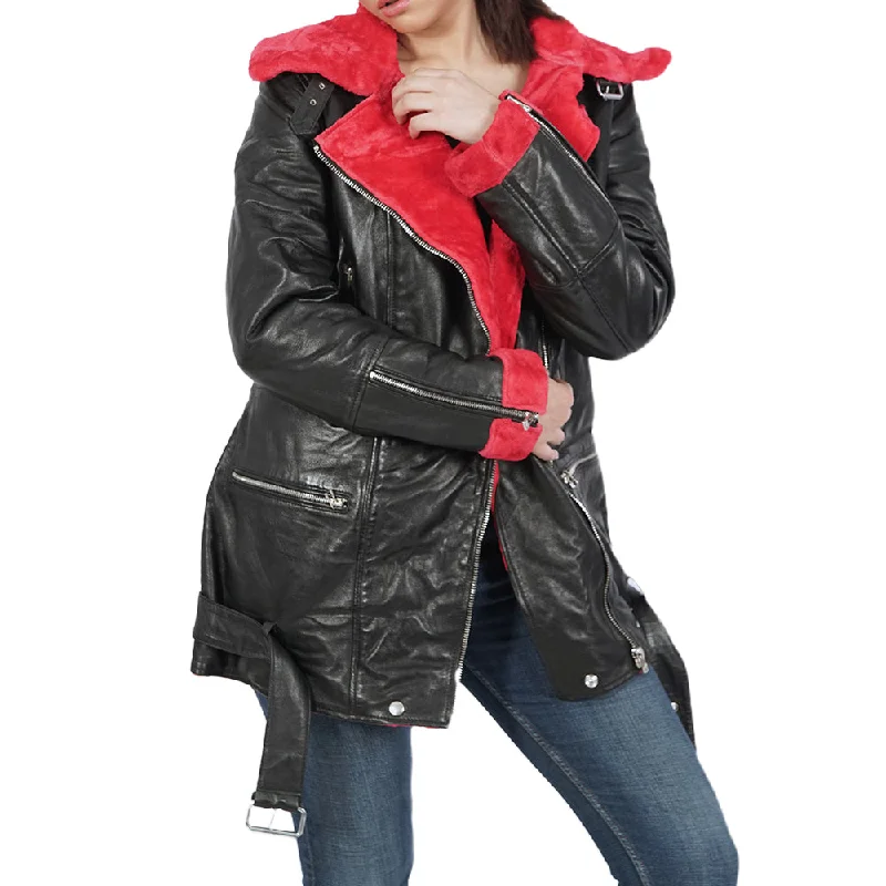 Women's Leather Jacket with Geometric Designs-Elenore Real Leather Long Coat