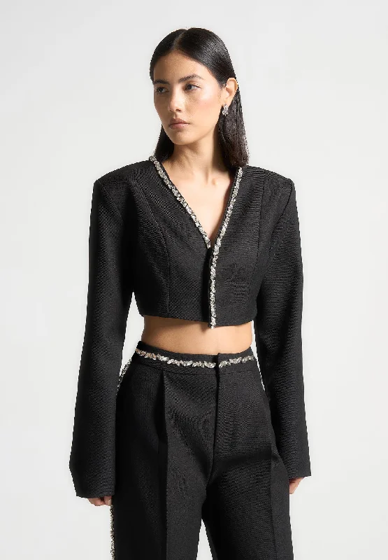 Women's Reversible Tweed Blazers -Embellished Cropped Blazer - Black