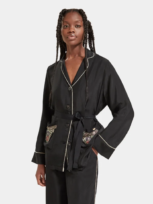 Women's Blazers with Bold Patterns -Embroidered belted pyjama blazer