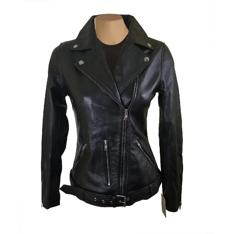 Women's Leather Jacket with Embellished Detailing-Emilie's black biker style leather jacket with waist belt Women's Leather Jacket with Embellished Detailing-Emilie's black biker style leather jacket with waist belt