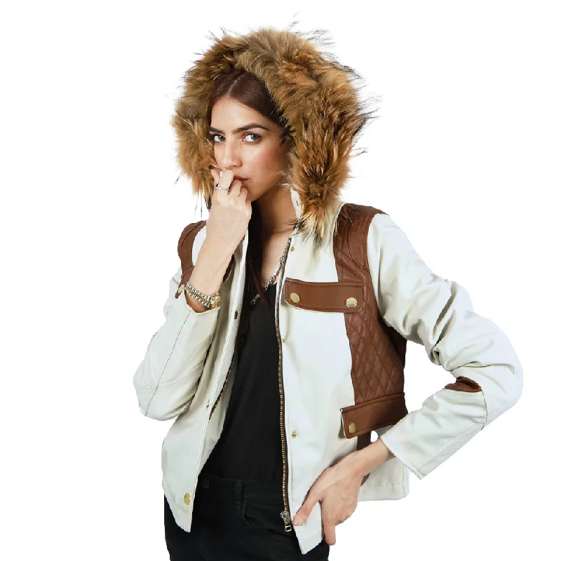 Women's Leather Jacket with Short Length-Ruxi Elia Faux Fur Hooded Down Jacket