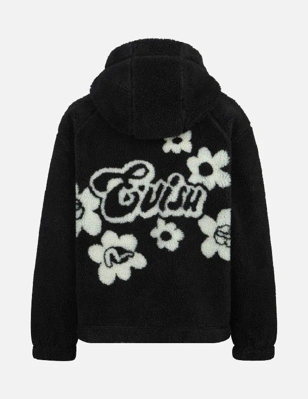 Women's Jackets with Soft Fleece Lining-Floral Jacquard Oversized Sherpa Fleece Jacket