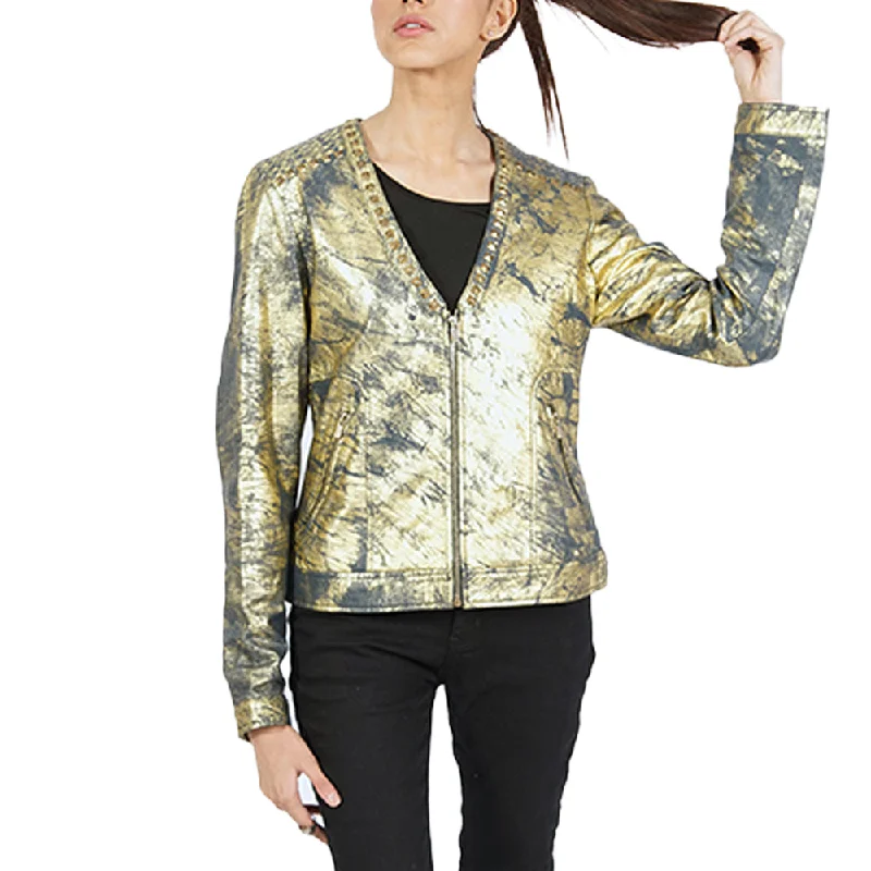 Women's Leather Jacket with Tapered Waist-Glitter Navy Gold Leather Jacket