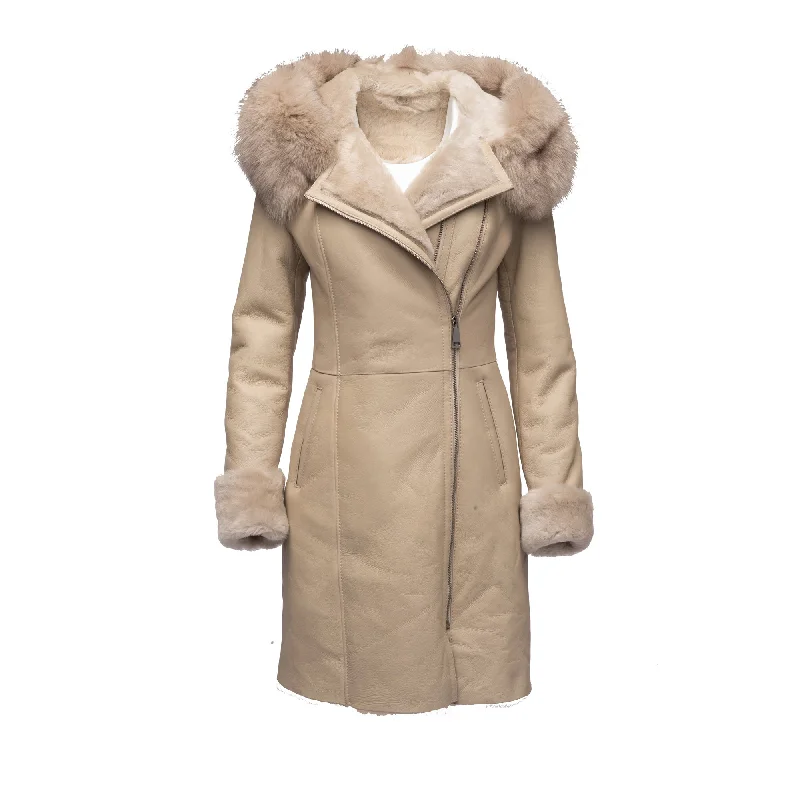 Women's Leather Jacket with Sporty Design-Gracie’s Hooded Sheepskin Shearling Jacket With Fox Fur Women's Leather Jacket with Sporty Design-Gracie’s Hooded Sheepskin Shearling Jacket With Fox Fur