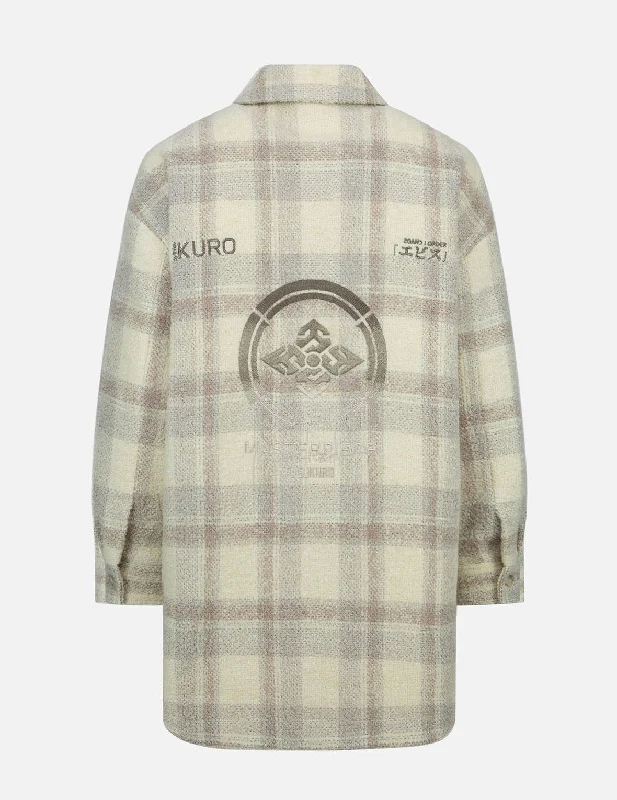 Women's Jackets for Long Outdoor Walks-Gradient Kamon Embroidery Plaid Shirt Jacket Women's Jackets for Long Outdoor Walks-Gradient Kamon Embroidery Plaid Shirt Jacket