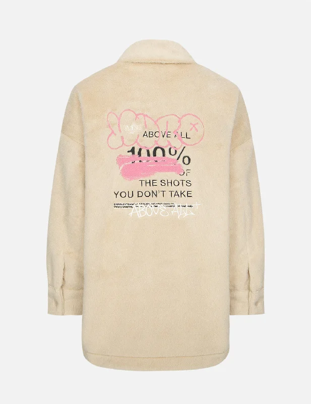 Women's Jackets for Winter Travel-Graffiti Logo Embroidery Faux Fur Padded Shirt Jacket Women's Jackets for Winter Travel-Graffiti Logo Embroidery Faux Fur Padded Shirt Jacket