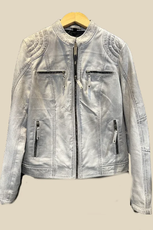 Women's Leather Jacket with Cozy Texture-Grey Denim Leather