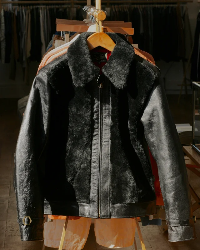 Women's Leather Jacket for Outdoor Wear-GRIZZLY Shinki Hikaku Veg Tanned Teacore Horsehide & UK Mouton - Black FN-MJ-002 Women's Leather Jacket for Outdoor Wear-GRIZZLY Shinki Hikaku Veg Tanned Teacore Horsehide & UK Mouton - Black FN-MJ-002