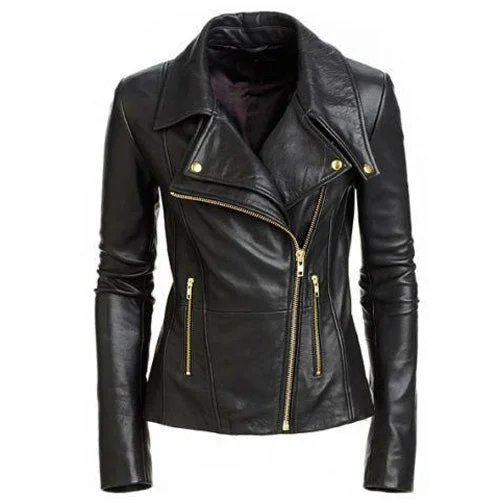 Women's Leather Jacket with Color Block Design-Hailey Biker Jacket with Double lapels Women's Leather Jacket with Color Block Design-Hailey Biker Jacket with Double lapels