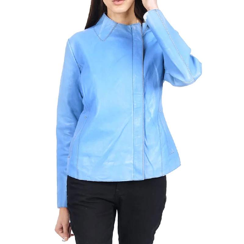 Women's Leather Jacket with Clean Lines-Harmony Light Blue Leather Jacket