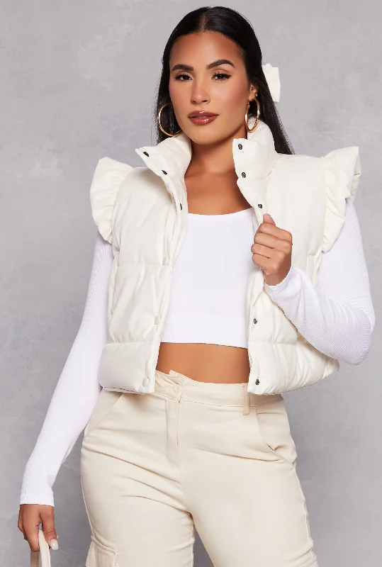 Women's Leather Jacket with Adjustable Waistband-Almost Famous Faux Leather Puffer Vest Women's Leather Jacket with Adjustable Waistband-Almost Famous Faux Leather Puffer Vest