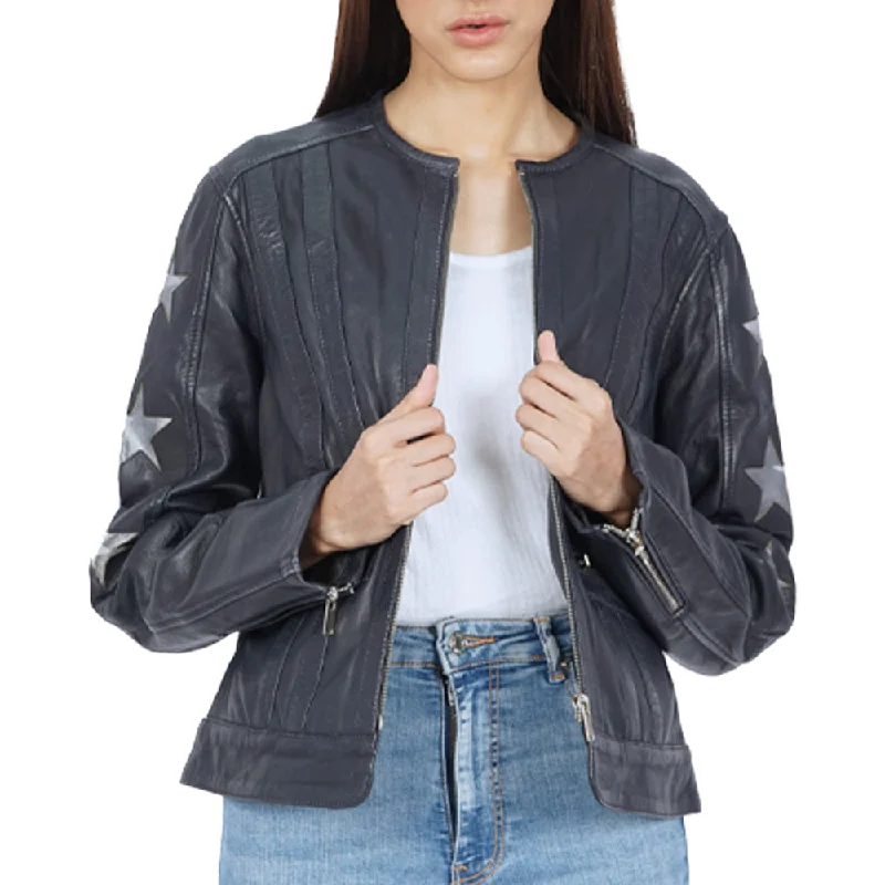 Women's Leather Jacket with Minimalist Look-Jenna Star Navy Blue Leather Jacket