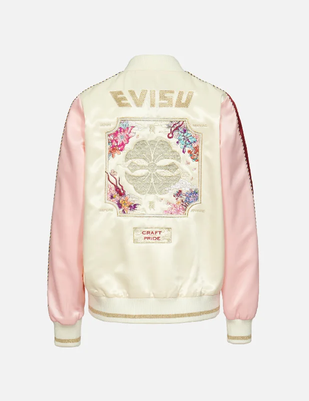 Women's Jackets for Outdoor Adventures-Kamon and Floral Motif Embroidered Padded Souvenir Jacket Women's Jackets for Outdoor Adventures-Kamon and Floral Motif Embroidered Padded Souvenir Jacket