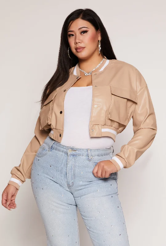 Women's Leather Jacket with Luxe Texture-Plus Size Faux Leather Cargo Cropped Bomber Jacket