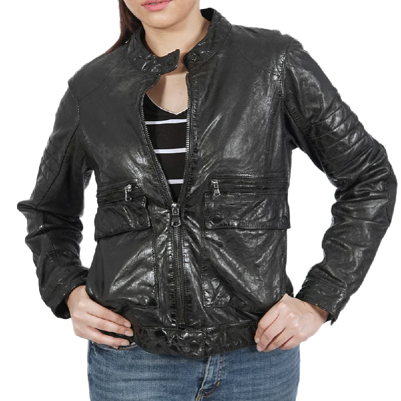 Women's Leather Jacket for Chic Outfits-Kiera Zipper Black Leather Jacket