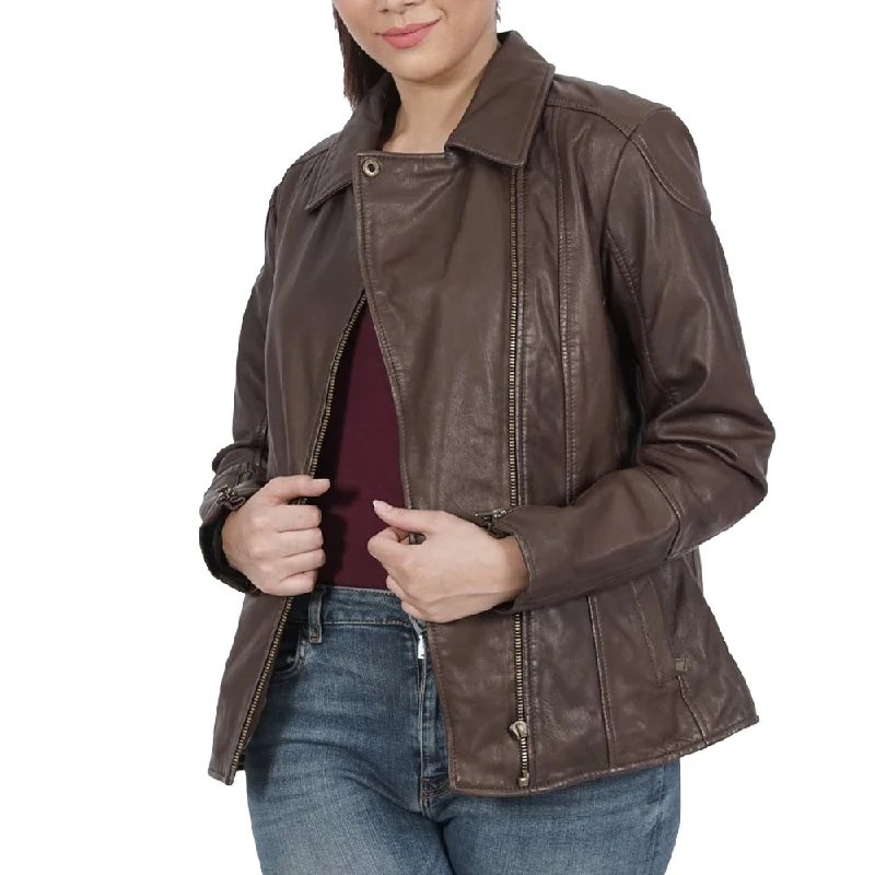 Women's Leather Jacket with Adjustable Fit-Kiara Zipper Brown Leather Jacket