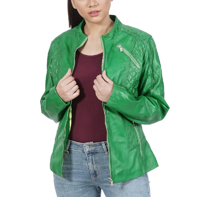 Women's Leather Jacket with Fashionable Zipper-Kosovo Biker Green Leather Jacket