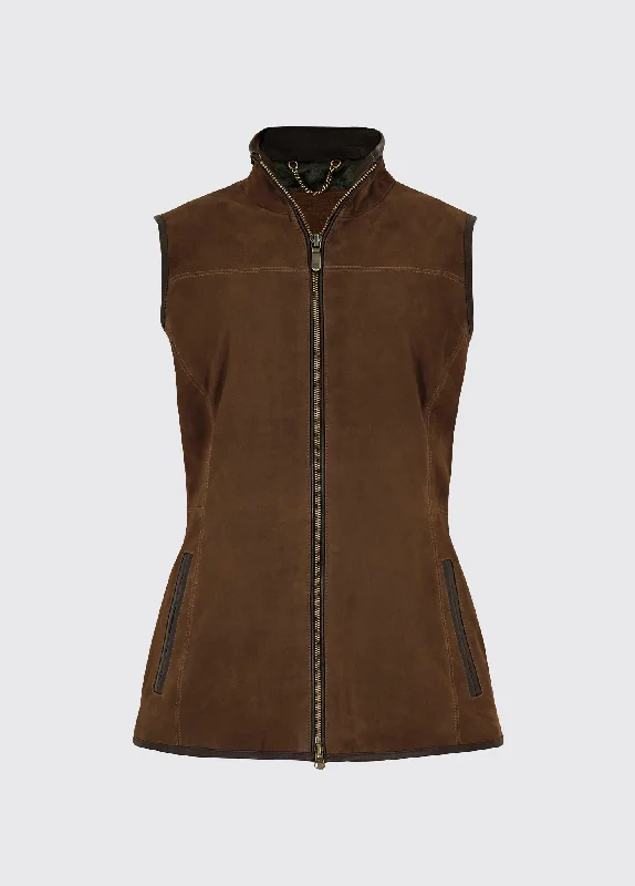 Women's Leather Jacket with Shiny Finish-Kingston Leather Gilet - Walnut