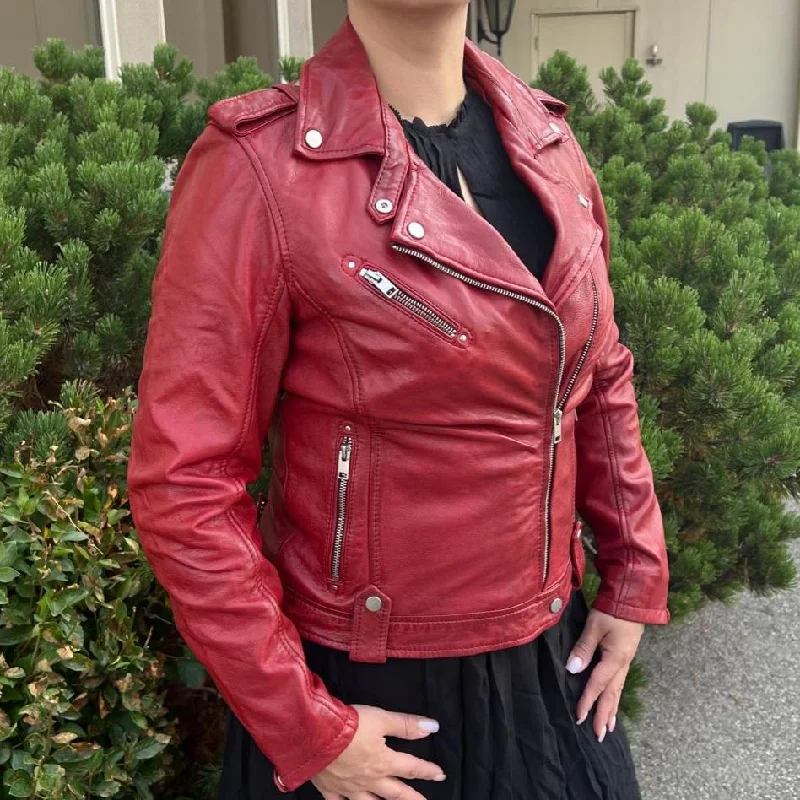 Women's Leather Jacket with Tailored Fit-Biker-Look Sheep Leather Jacket
