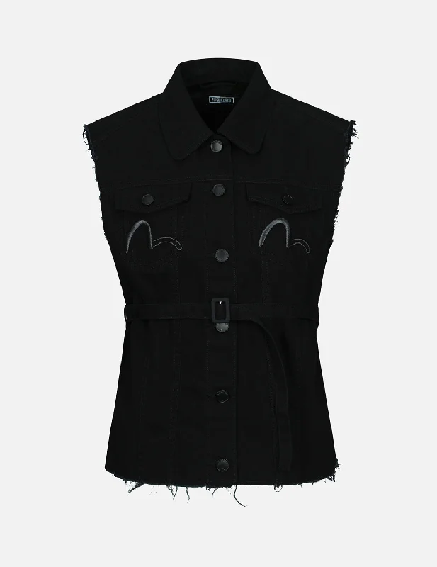 Women's Vest for Casual Wear-Logo Embroidery Belted Denim Vest