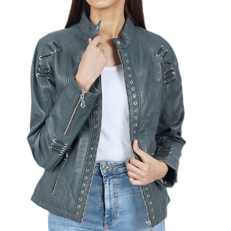 Women's Leather Jacket with Structured Fit-March Blue Biker Leather Jacket