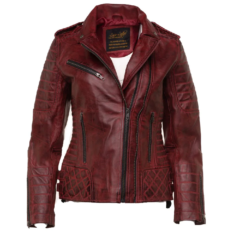 Women's Leather Jacket with Outdoor Utility-Marissa's Antique red diamond quilted leather jacket with double zipper Women's Leather Jacket with Outdoor Utility-Marissa's Antique red diamond quilted leather jacket with double zipper