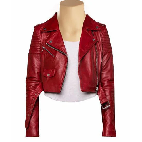 Women's Leather Jacket with Soft Grain Design-Martyna’s Red Crop Biker Leather Jacket With Waist Belt Women's Leather Jacket with Soft Grain Design-Martyna’s Red Crop Biker Leather Jacket With Waist Belt