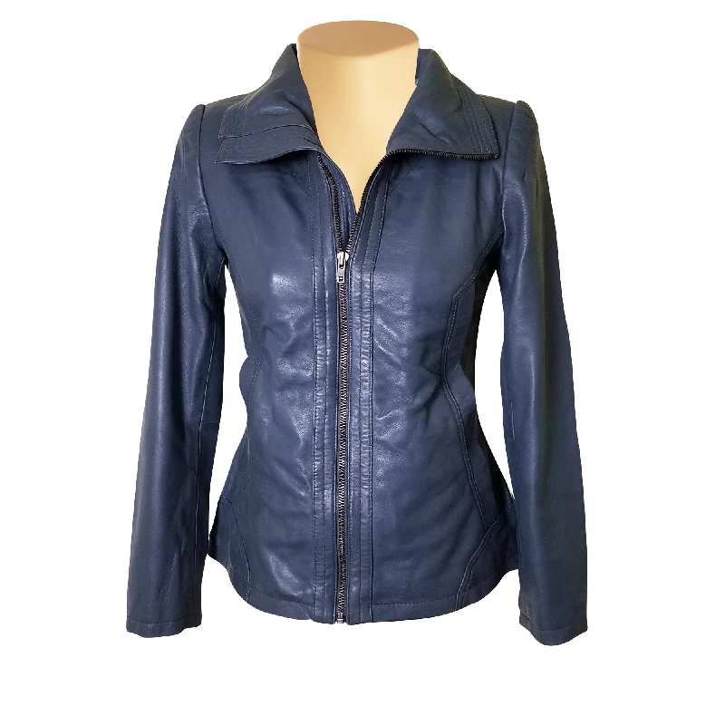 Women's Leather Jacket with Tailored Silhouette-Marva Grey Leather Jacket With Flap Collars Women's Leather Jacket with Tailored Silhouette-Marva Grey Leather Jacket With Flap Collars