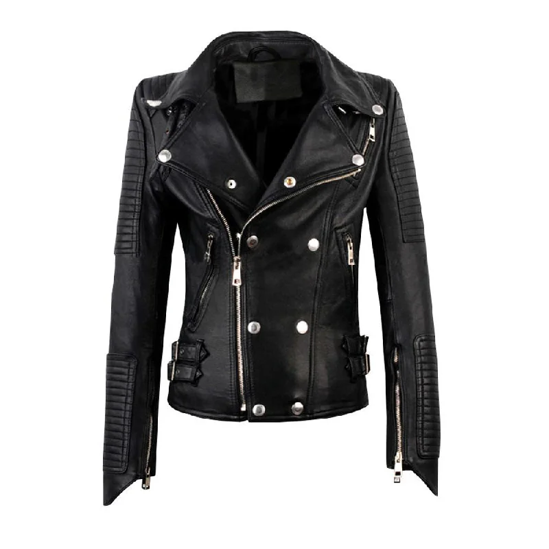 Women's Leather Jacket with Luxe Leather Finish-Meredith's Biker style jacket with snap buttons closure Women's Leather Jacket with Luxe Leather Finish-Meredith's Biker style jacket with snap buttons closure