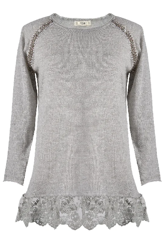 Women's Shirt Style Dresses -LEANDER Grey Lace Long Blouse