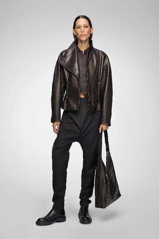 Women's Leather Jacket with Adjustable Sleeves-Nadia - Black Leather Jacket