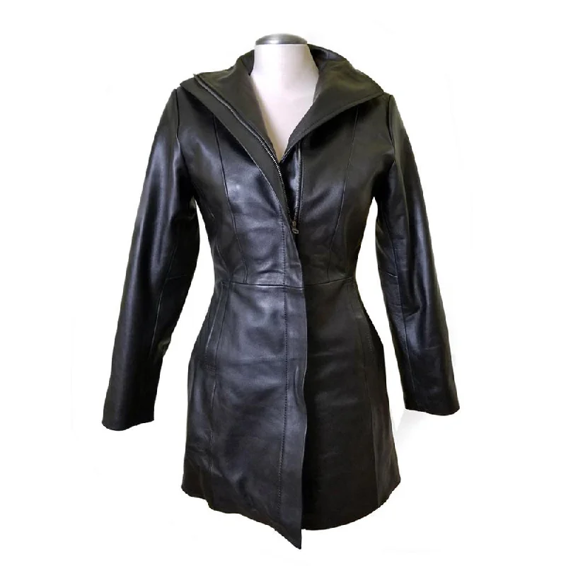 Women's Leather Jacket with Button Detail-Nelly's women's long coat with wind flaps Women's Leather Jacket with Button Detail-Nelly's women's long coat with wind flaps