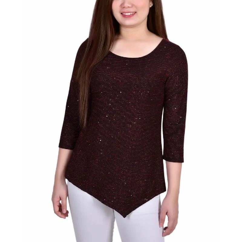 Women's Crew Neck T-shirt Blouses -NY Collection Womens Petites Metallic Shadowstripe Blouse